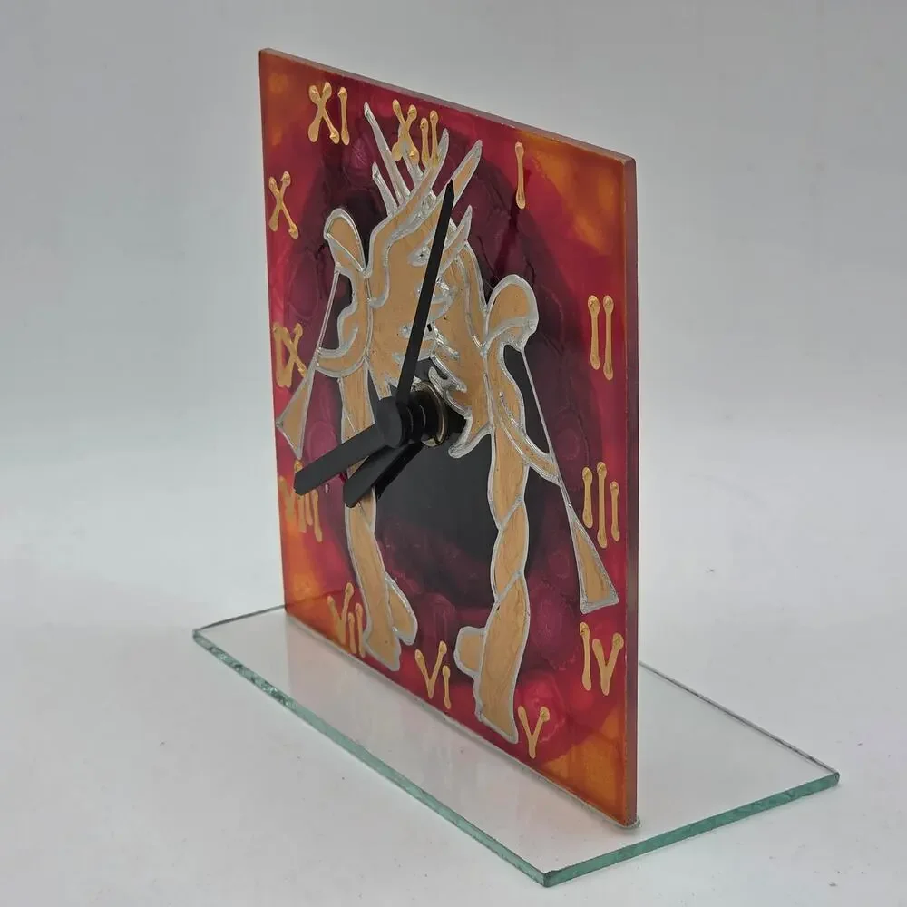 Hand Painted Glass Desk Clock Golden Trumpeting Angels Colorful Red Square Art